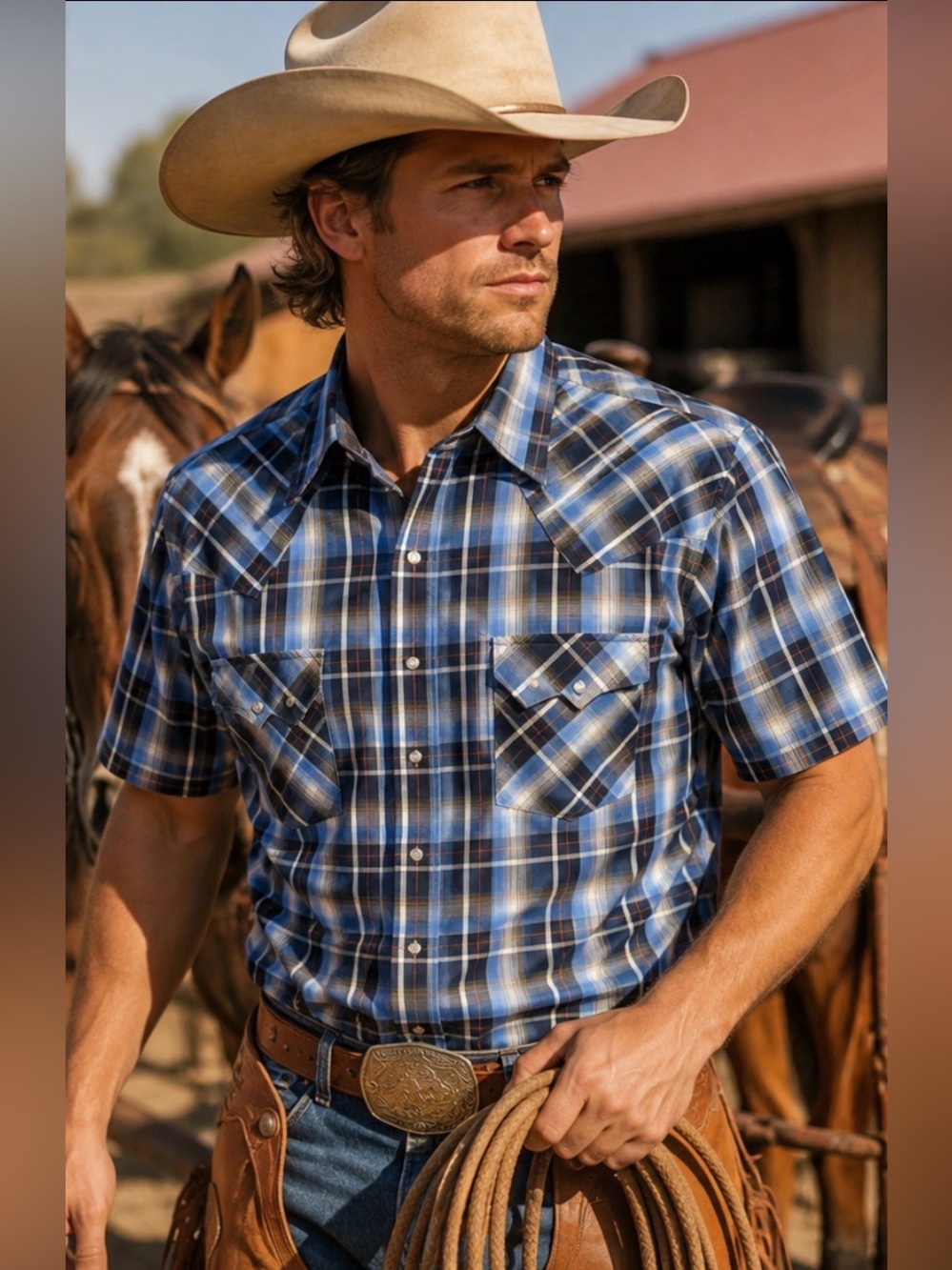 Plains Western Wear Blue Plaid Pearl Snap Shirt Small Y2K 1999 Metallic Western